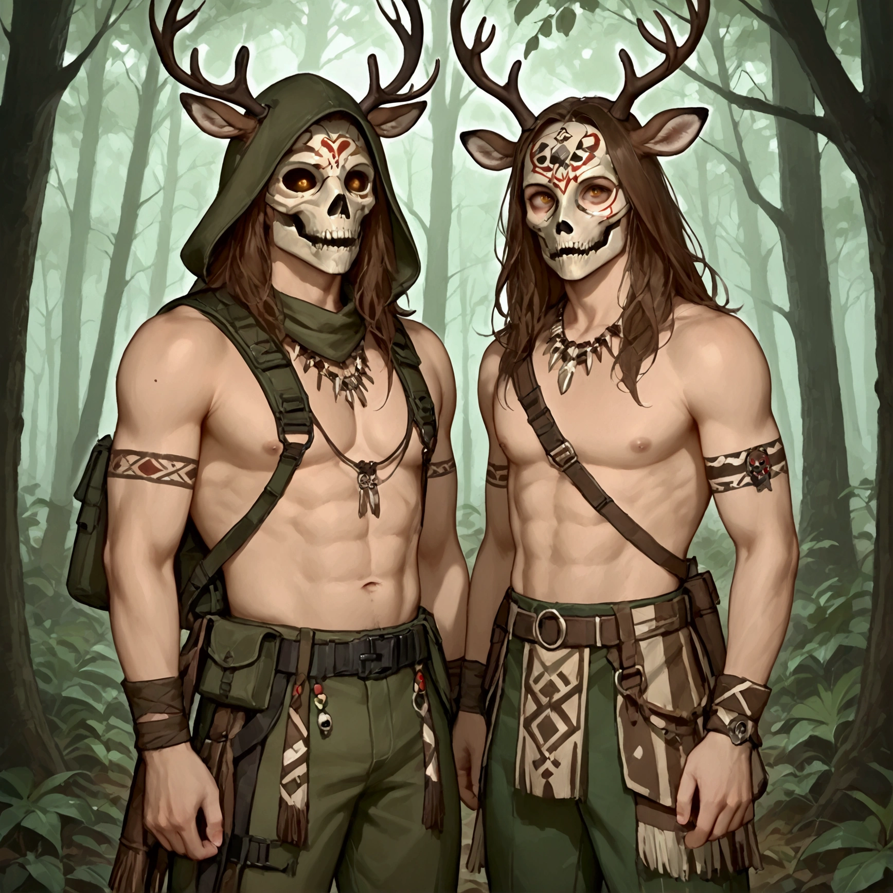 masterpiece, newest, absurdres, safe, high detailed, masterpiece. high detailed, male, relaxed, Male, Masculine, handsome face, Handsome male, Soldier, Post apocalyptic, Deer skull mask, deer skull mask, Druid, Forest druid, Long brown hair, amber eyes, shirtless, tanned, Tribal clothing, Tactical Harness holster, Tribal tattoos, Green pants. in a forest. Wearing Leaves, Tanned, Hidden face, Mask, deer skull mask, deer mask, wendigo mask, masked, faceless, hidden face, Wearing a skirt of leaves, leaf skirt