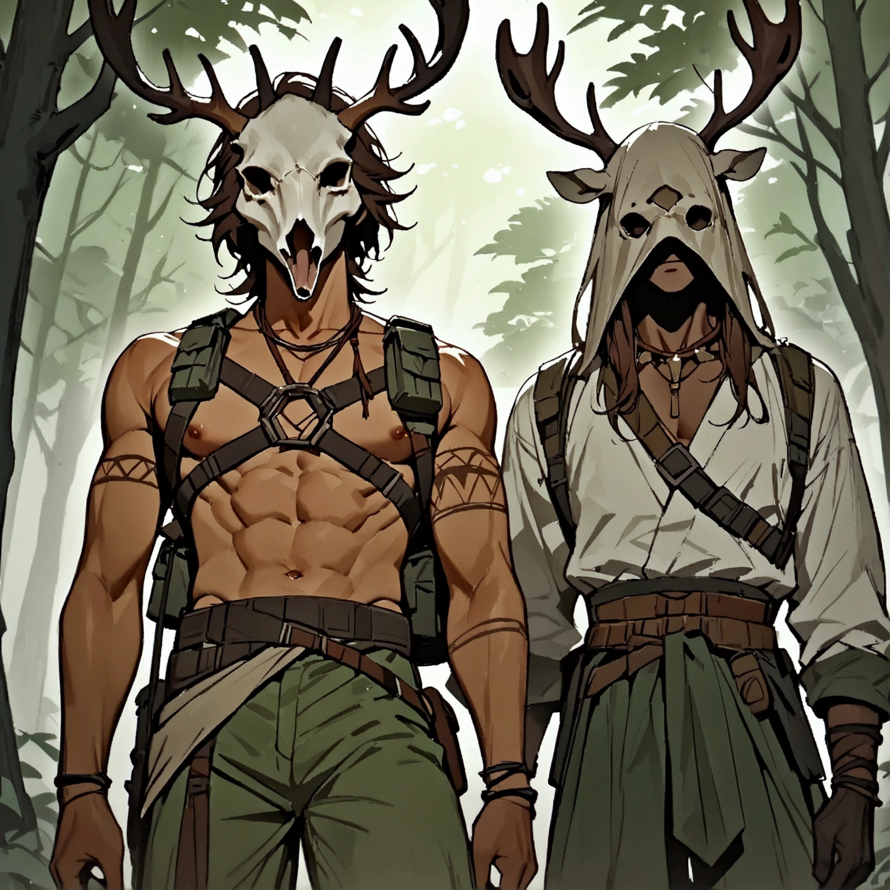 masterpiece, newest, absurdres, safe, high detailed, masterpiece. high detailed, male, relaxed, Male, Masculine, handsome face, Handsome male, Soldier, Post apocalyptic, Deer skull mask, deer skull mask, Druid, Forest druid, Long brown hair, amber eyes, shirtless, tanned, Tribal clothing, Tactical Harness holster, Tribal tattoos, Green pants. in a forest. Wearing Leaves, Tanned, Hidden face, Mask, deer skull mask, deer mask, wendigo mask, masked, faceless, hidden face, Wearing a skirt of leaves, leaf skirt