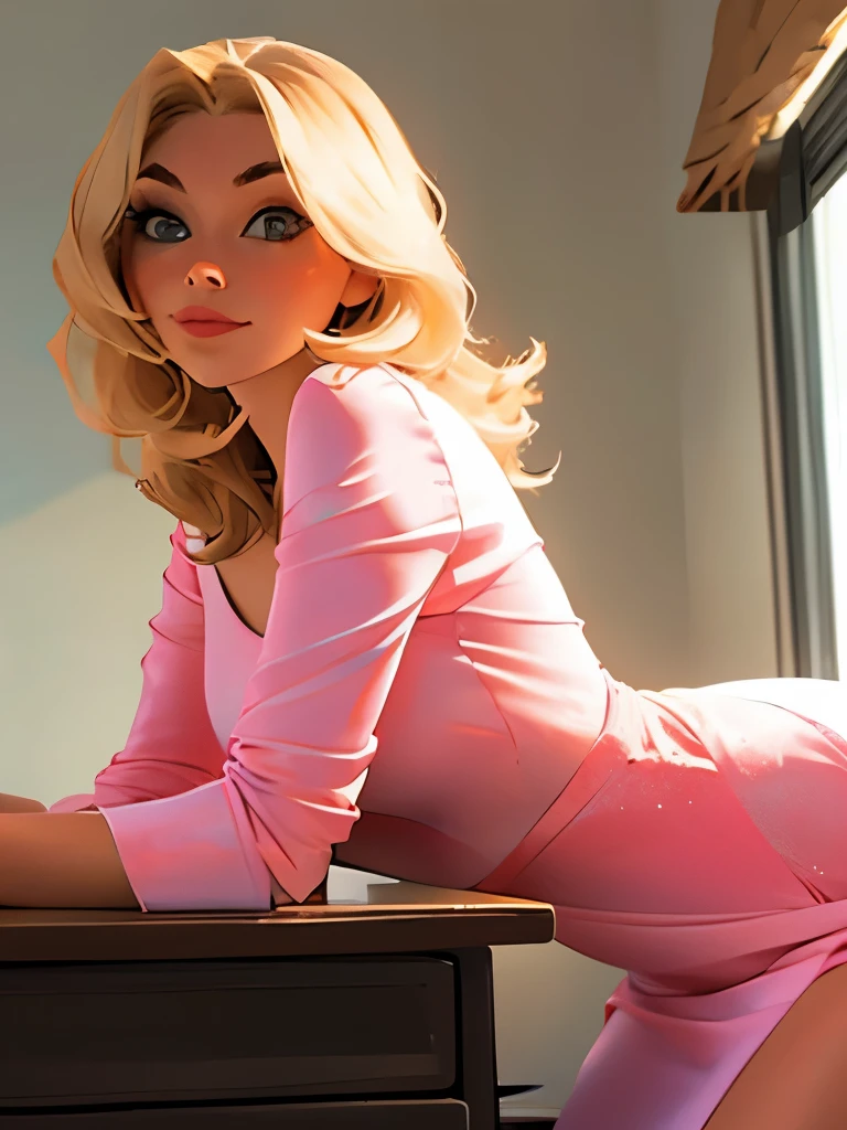 blonde woman in pink dress sitting on a desk with a black belt, a portrait by Eva Frankfurther, reddit, fantastic realism, very sexy outfit, sexy look, beautiful silky dress, blonde goddess, sexy outfit, blonde women, dressed in a pink dress, white silky outfit, wearing a blouse, a gorgeous blonde, pink body, gorgeous beautiful woman