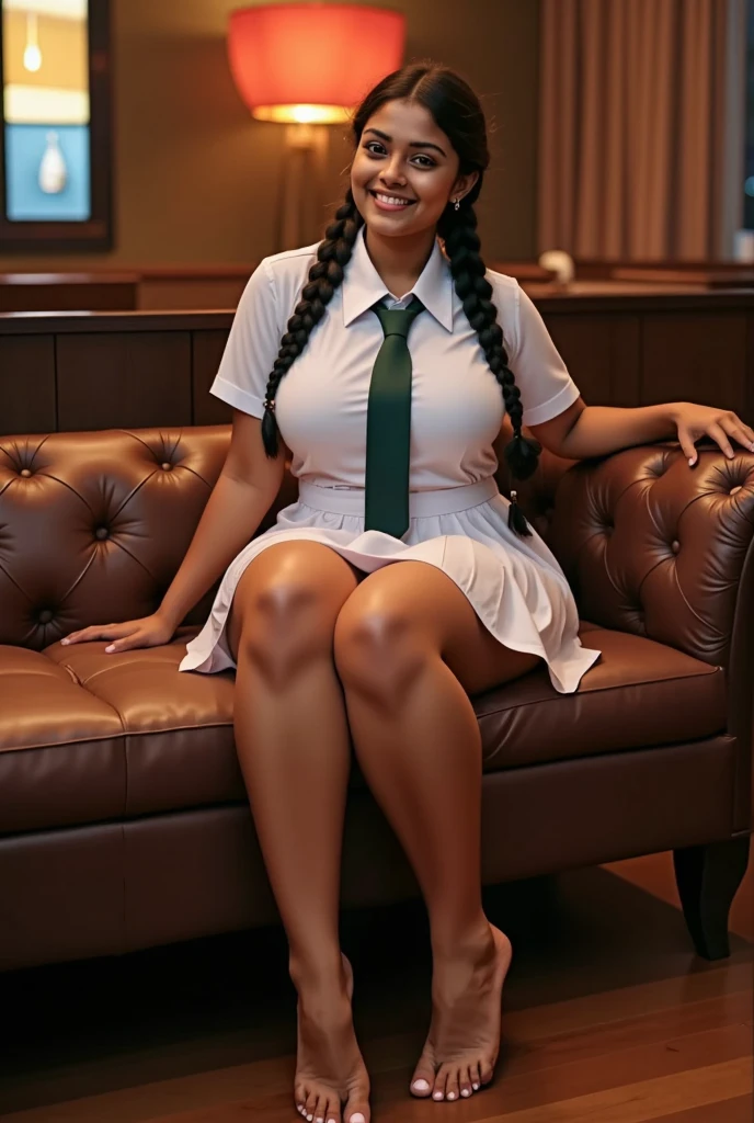 beautiful cute Sri Lankan school girl, in barefoot, Large breast size , 20 years old, wearing a white frock and a dark green tie. She has plaits, black braided long hair, in barefoot, beautiful feet, correct anatomy of other body parts, beaming with happiness as she poses in a night club, brown skin tone, sweaty skin, thighs are exposed, better pose, full body view, leaning back to sofa, cross leg pose