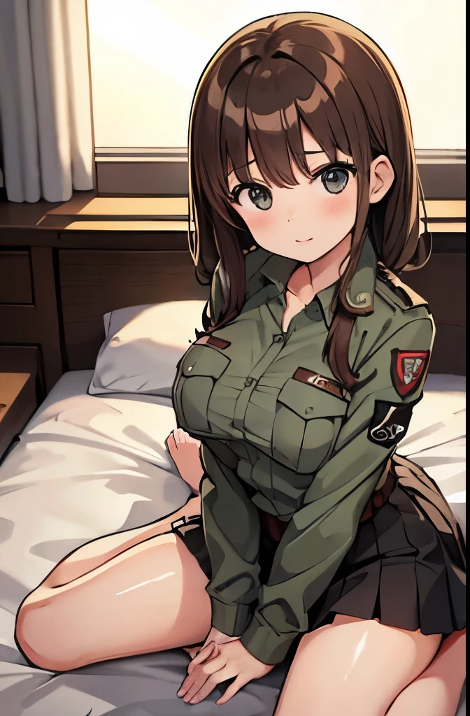 1girl, brown hair, military, hero, medium breast, skirt, bedroom 