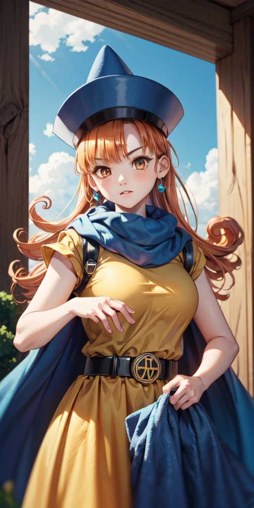 (masterpiece, top quality:1.1),  Arena,  1 girl, Alone, Big Breasts, Yellow clothes,belt、 nature,  blue sky,  Cowboy Shots, blue pointy hat 、 orange hair、 blue cloak 