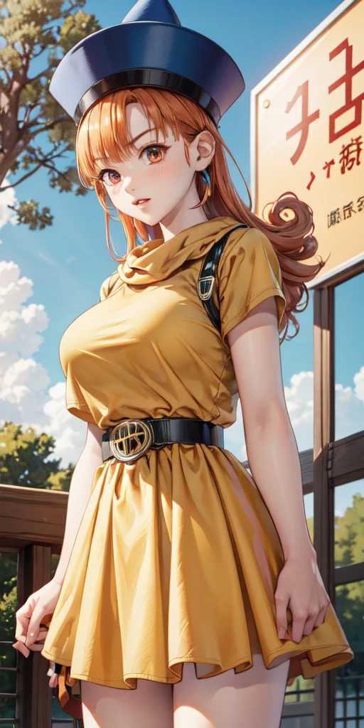 (masterpiece, top quality:1.1),  Arena,  1 girl, Alone, Big Breasts, Yellow clothes,belt、 nature,  blue sky,  Cowboy Shots, blue pointy hat 、 orange hair