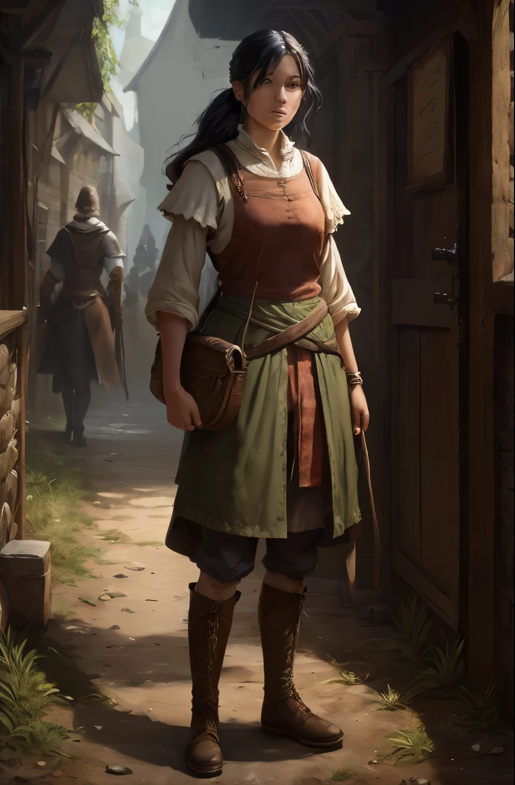  Full body writing all over , rpg, JRG Character, Villager, middle ages, farmer, Mob, Character portrait,  black hair,  all back, Featureless face, woman,  facing the front 