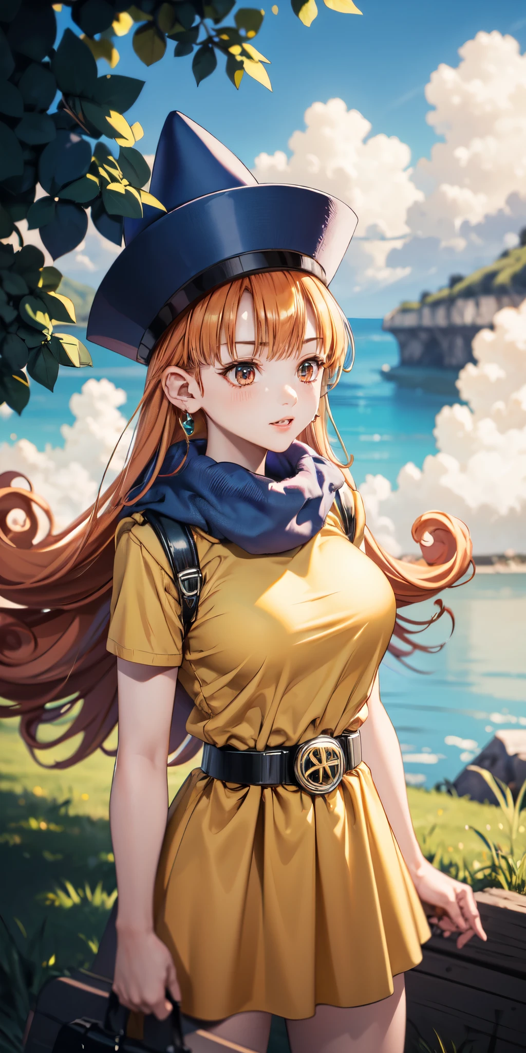 (masterpiece, top quality:1.1), Arena, 1 girl, Alone, Big Breasts, Yellow clothes,belt、 nature, blue sky, Cowboy Shots, blue pointy hat 、 orange hair
