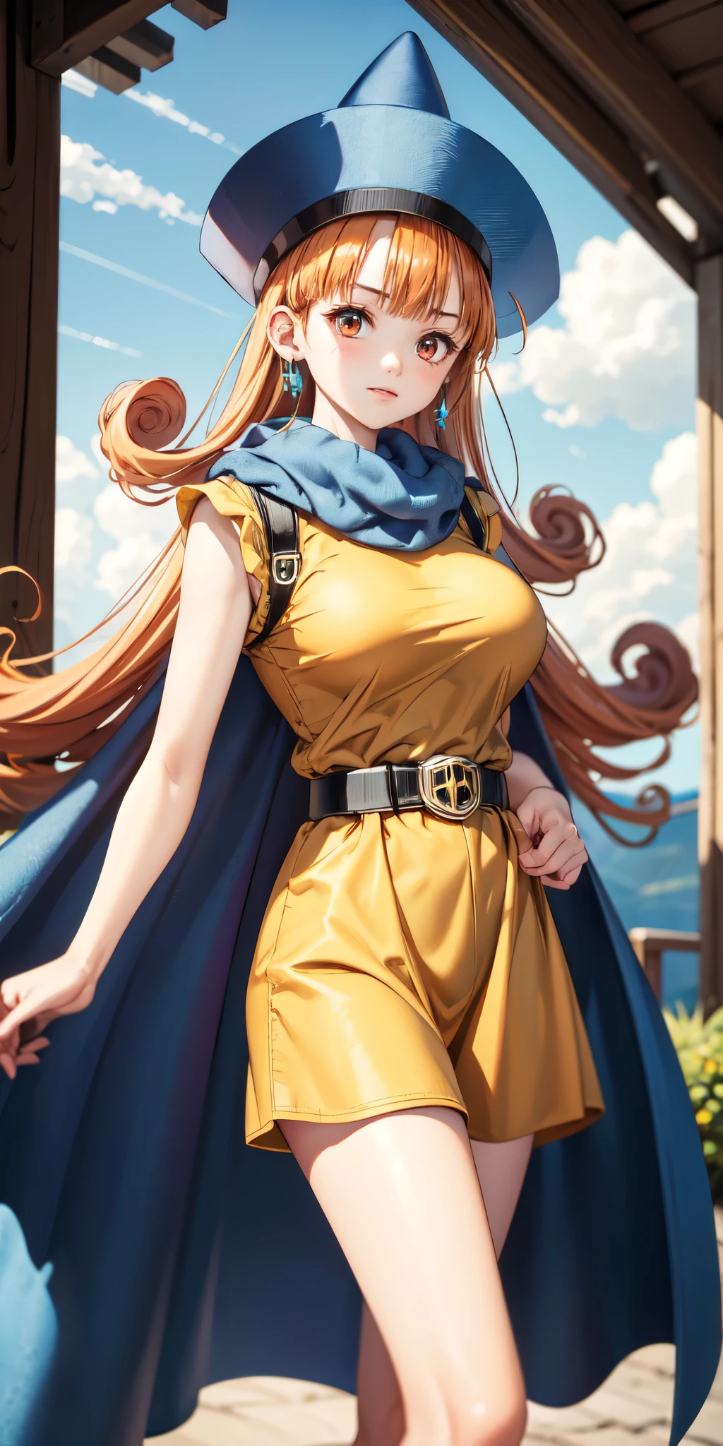 (masterpiece, top quality:1.1),  Arena,  1 girl, Alone, Big Breasts, Yellow clothes,belt、 nature,  blue sky,  Cowboy Shots, blue pointy hat 、 orange hair、 blue cloak 