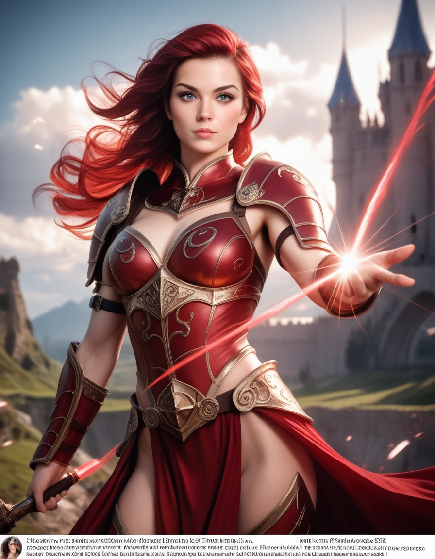  woman holding a sword in her hand, she is holding a katana, katana, a beautiful woman warrior,sexy, redhead, long hair, beautiful, high res, full body,8k, golden gauntlets, sharp, detailed, seductive face, detailed face