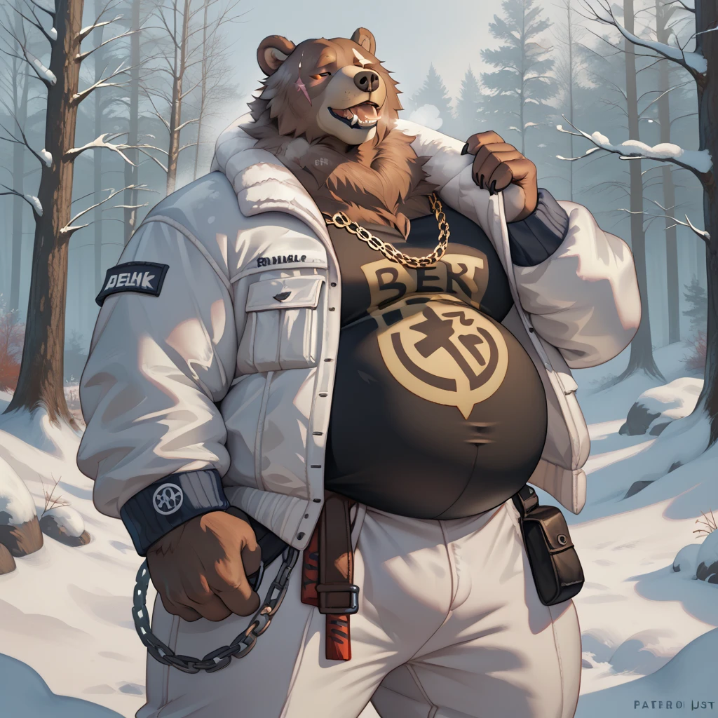 realistic, realistic fur, photorealistic, detailed fur, detailed eyes, detailed, animal, anthro, furry,  BenBigger, facial scar, morbed obesity, huge inflated belly, inflated body, inhumanly fat, pose, posing, sexy pose, pinup, chain necklace, white jacket, black shirt, belly peeks out a little from under the T-shirt, white pants, winter, in the forest, snow, cold, heavy breathing, steam from the mouth, joyful, cheerful, sweaty