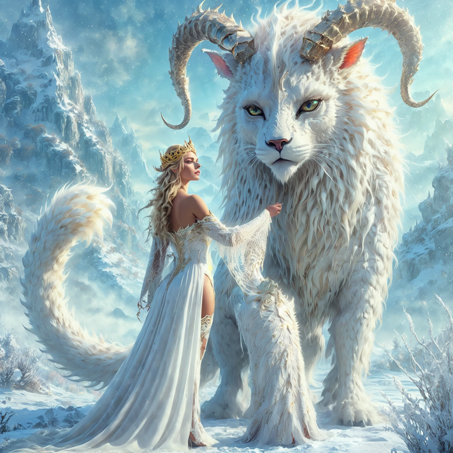 Stunning fantasy art portrait of a young blonde caucasian woman wearing a golden crown in a long white dress standing in front of a tall, large cat-like creature with large horns and long, thick white fur, they appear to be interacting, the background is a snowy plain with a misty mountain view, vibrant, photorealistic, ultra high definition, 32K.