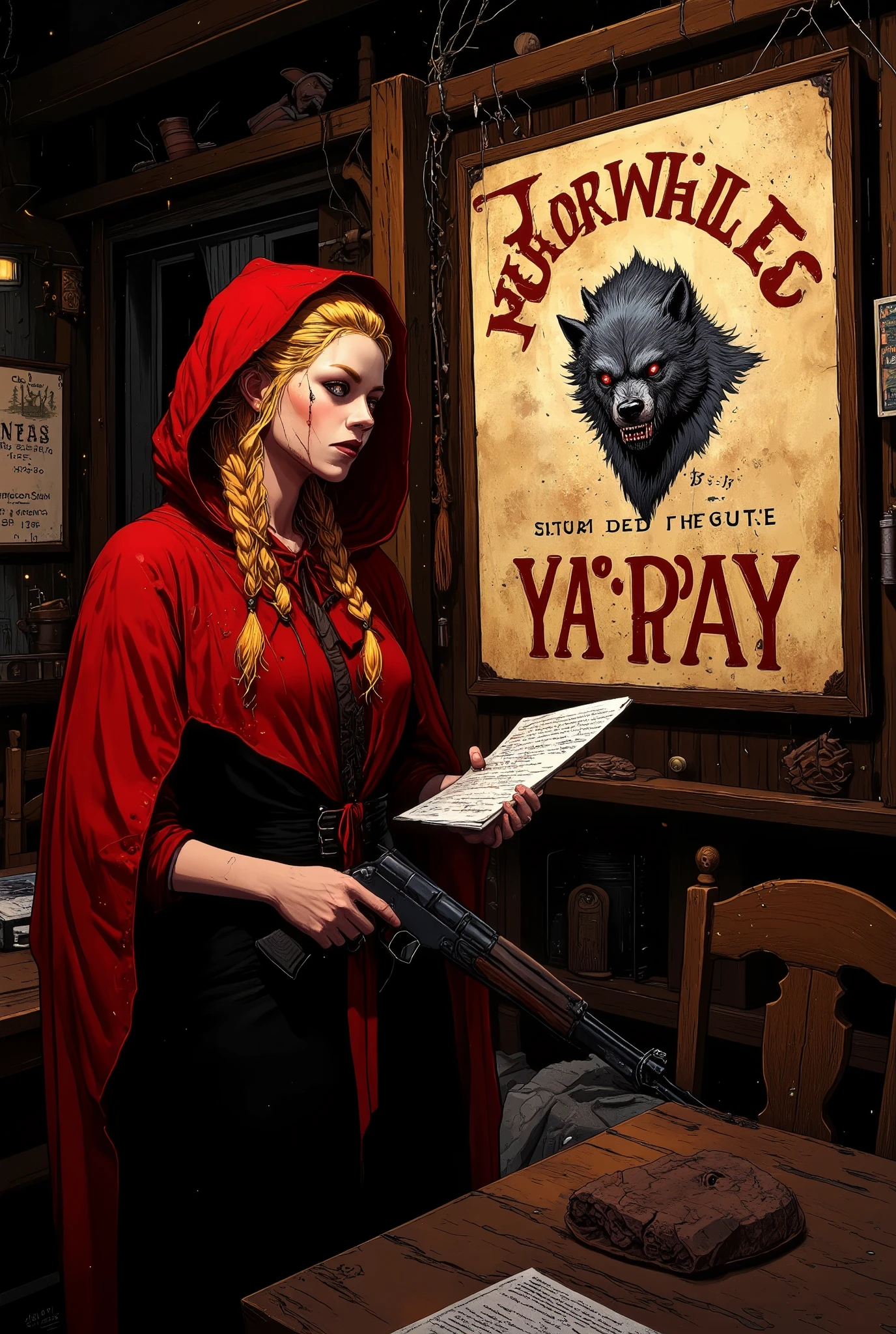 ((UHD, retina, masterpiece, high details, high quality, best quality,  highres icon)), Tavern, board,  Yellowed Old Posters, The upper body of a werewolf is written on the poster\flat\ Cowboy Shots:1.2,  Werewolf's Letter ,  Cross Scar on the Left Eye ,  staring, Below the Arrangement Form :"10,000$" BREAK 1girl, red riding hood:1.5, I'm looking at the arrangement:1.5, Blonde,  braids ,  shotgun