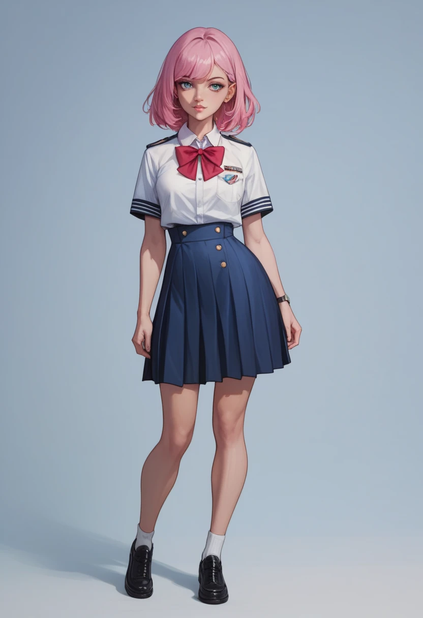 1girl, full_body, pink hair, medium hair, blue eyes, slim waist, uniform school, sexy uniform