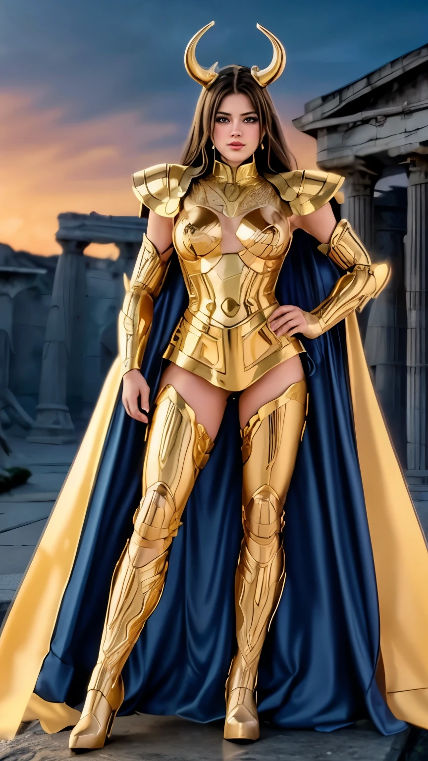 **Prompt Melhorado - Cavaleira de Ouro da Constelação de Gêmeos**
A hyper-realistic and cinematic depiction of a female knight wearing the iconic golden Gemini armor, inspired by the zodiac constellations and the anime *Saint Seiya*. The camera captures a full-body view, from head to toe, showcasing her striking presence in a dynamic and powerful pose. The setting is a dramatic Greek temple bridge under a vivid, stormy sky, with soft, diffused lighting creating an ethereal and mysterious atmosphere.
The golden Gemini armor is exquisitely detailed, with reflective textures that shimmer under the dramatic lighting. Its intricate celestial engravings and layered plates perfectly contour her figure, emphasizing both elegance and strength. The armor includes a prominent chest plate, ornate shoulder guards, and articulated arm and leg pieces, all radiating with vibrant golden hues. The helm, adorned with dual-faced designs symbolizing Gemini’s duality, adds an imposing and majestic touch, framing her face while leaving her long, flowing white hair visible. The hair is rendered with a lifelike texture, moving subtly in the breeze.
Her piercing red eyes exude confidence and a serene yet commanding aura, drawing the viewer’s attention. A soft smile on her lips balances her serious demeanor, adding a layer of mystique to her character. Her posture is upright, with one arm resting naturally and the other slightly extended, enhancing the dynamic composition. She wears golden boots that seamlessly integrate with the armor, grounding her presence on the temple bridge.
The dramatic, cinematic lighting and shadows emphasize the curves and textures of the armor, creating a high-contrast, photorealistic image. The backdrop of Athena’s temple, with towering marble columns and dramatic skies, adds depth and grandeur, while subtle bokeh effects draw the focus to her and the armor. The image is rendered in ultra-high resolution, with HDR lighting, realistic textures, and vibr