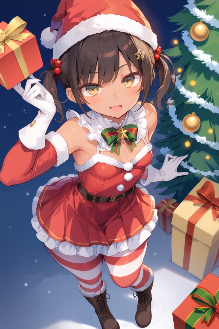 A girl, Look of happiness ,  brown hair, standing, holding a gift ,  front view ,  from above,  short hair with two small short pigtails ,   golden eyes ,  small breasts ,  thick thighs,  tanned skin, wearing a loose-fitting dress,  with a Christmas poncho , wearing a Christmas hat , wearing a bulging skirt ,  underneath wearing white and red striped pantyhose, wearing long white gloves , with boots