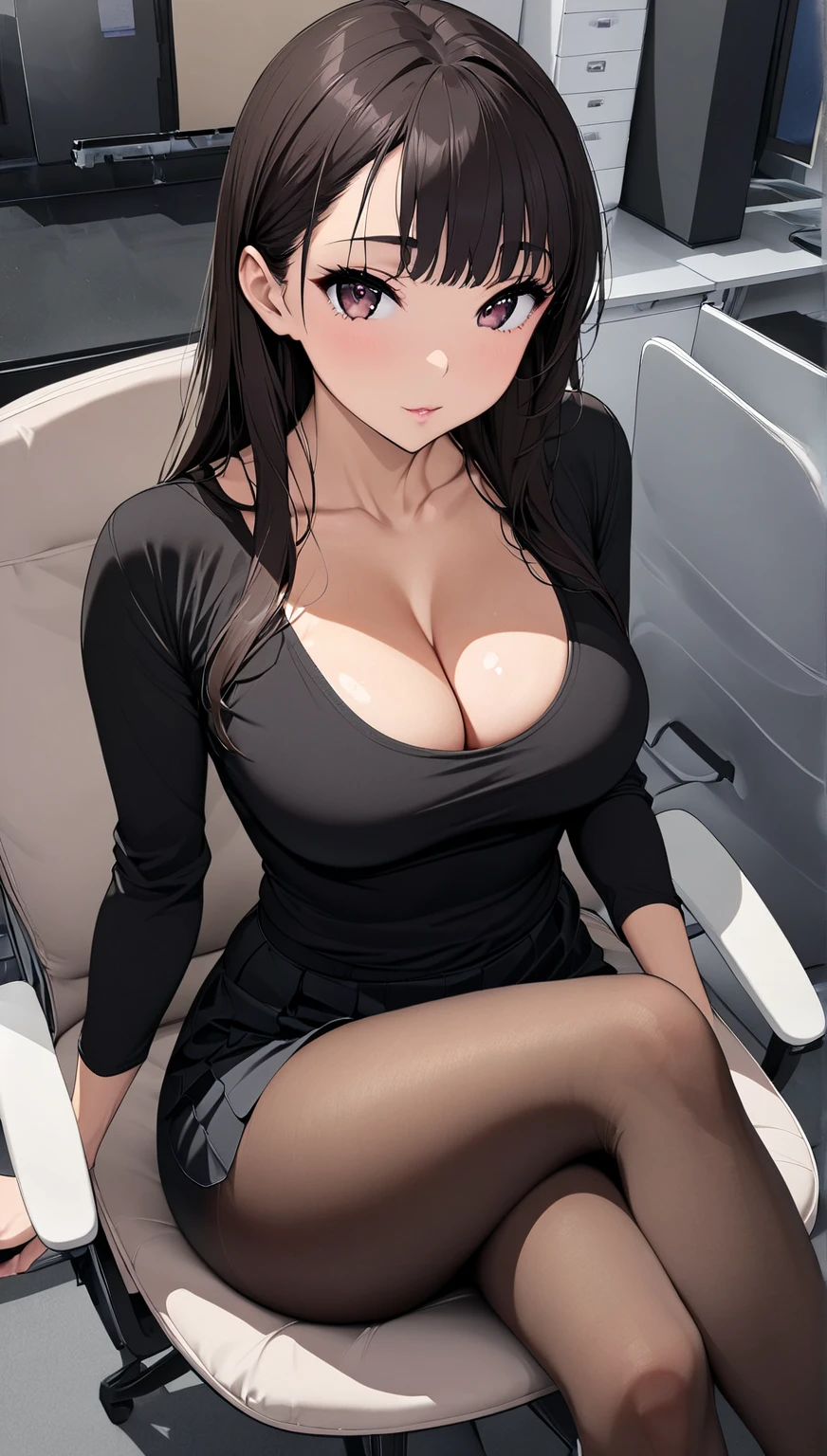 masterpiece, high resolution, beautiful woman, Japan beauty, 30 years old, beautiful woman, (high resolution eyes), (cute eyes), bangs, dark hair, long hair, brown eyes, cute eyes, medium breast, tight black tee shirt, long sleeves, cleavage, black pantyhose, pantyhose, black skirt, office, sit on chair, legs crossed