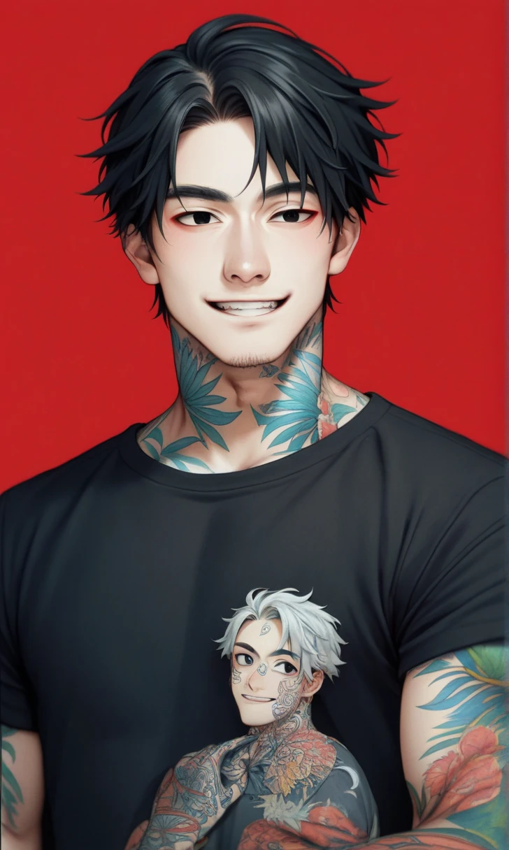 score_9, score_8_up, score_7_up, r1s0, 1boy, red background, Asian boy, gentle smile, black eyes, black t-shirt, whole body tattoo, traditional japanese tattoo, detail face, black hair, charming boy