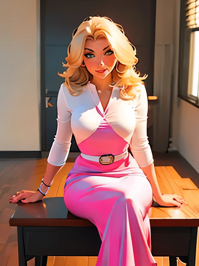 blonde woman in pink dress sitting on a desk with a black belt, very sexy outfit, sexy look, beautiful silky dress, blonde goddess, sexy outfit, blonde women, dressed in a pink dress, white silky outfit, wearing a blouse, a gorgeous blonde, pink body, gorgeous beautiful woman, very sexy, sexy girl with long blonde hair, stunning beautiful
