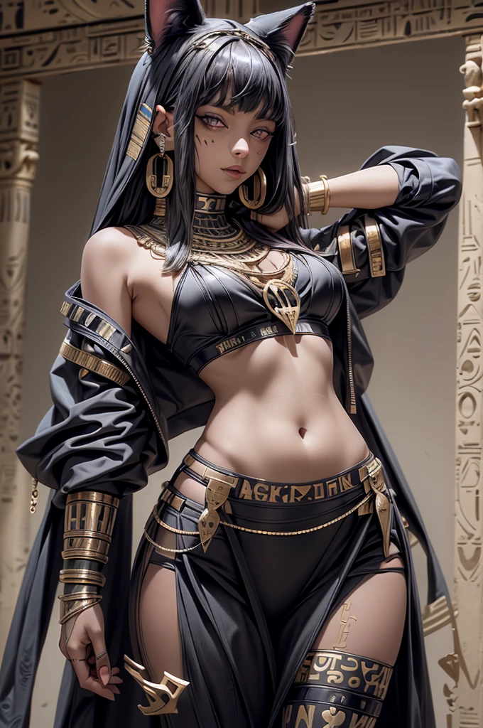(best quality:1.4), (ultra highres:1.2), (photorealistic:1.4), (8k, RAW photo:1.2), ultra detailed, (techwear:1.3), (egypt goddess bastet:1.5),( beautiful face:1.5), little smile, (sexy pose:1.5), (open chest:1.3),(small black cats:1.2) (in the luxury holy golden ancient egypt hall:1.4),(golden accessories:1.4), (navel:1.3),bang, (short pants bare leg:1.5)<lora:Egyptgodpunkv.4:0.8>