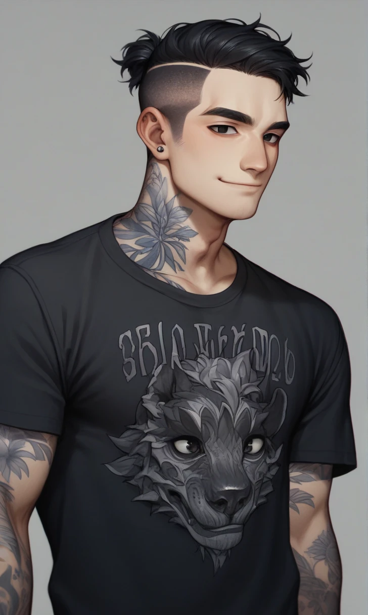 score_9, score_8_up, score_7_up, r1s0, 1boy, Asian boy, gentle smile, black eyes, black t-shirt, whole body tattoo, traditional japanese tattoo, detail face, black hair, charming boy, undercut hairstyle, grey background