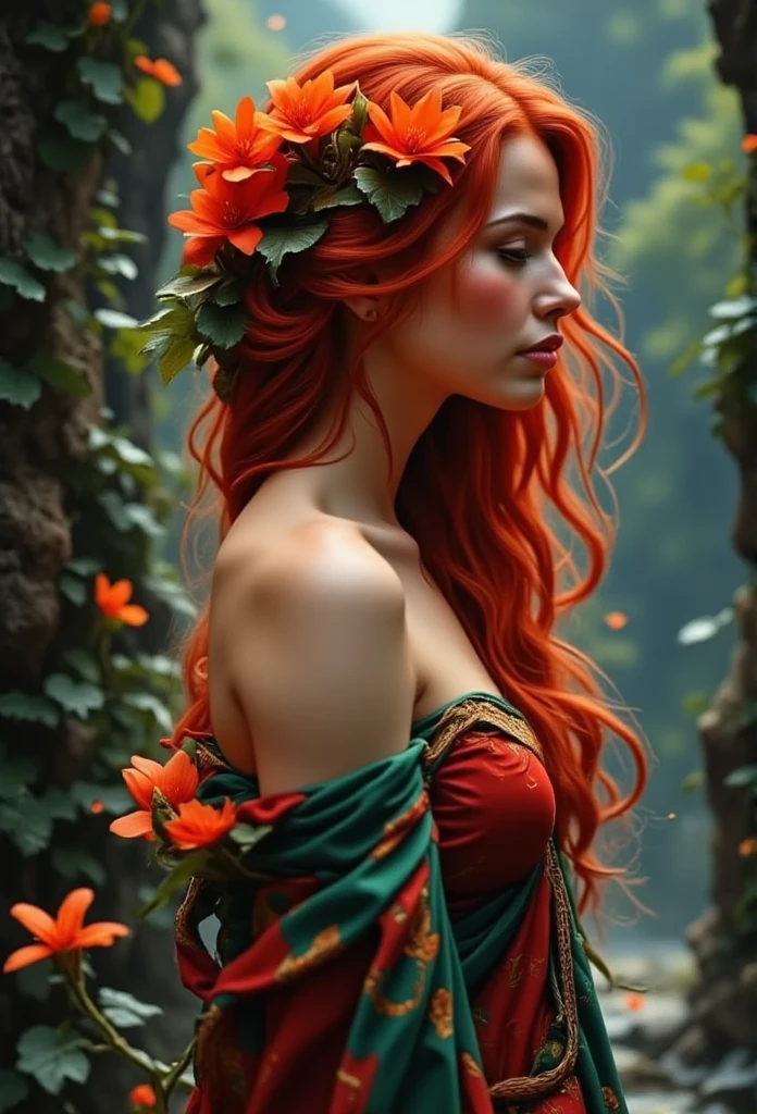 ((masterpiece)) ((photography)) ((Highest quality))  an image of a dreamy young woman with flowing red hair, seen from the back. She has a serene expression and is adorned with vibrant orange flowers in her hair. The woman wears a richly colored, partially deep draped fabric that combines deep reds and greens, contrasting beautifully with her fair skin. The background features a softly illuminated, moody landscape with hints of water and dark skies, creating a mystical and enchanting atmosphere. The focus should be on her graceful figure and the interplay of light and shadow in the scene. One third rule, dof, artgem. Trending on Artstation.