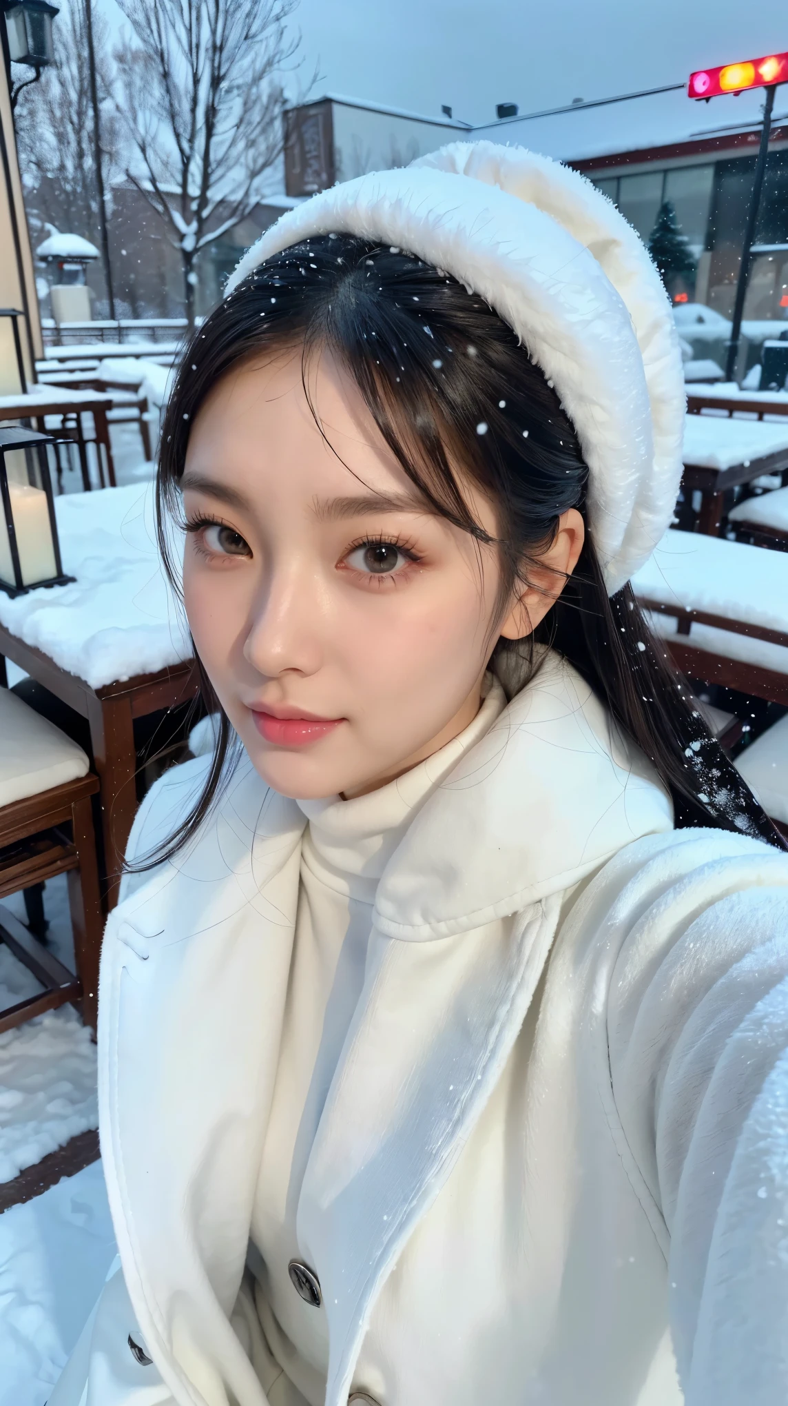 ( top quality、 table top in front of you、8k、 Max Image、 Award-winning works )、Beautiful female idol、(Alone:1.1)、((white high neck and white long coat:1.1))、((夜の渋谷の交差点で It's snowing softly )),(( The most beautiful but slightly lonely staring at the sky :1.1))、(High angle front view )、 Completely-valid、 has long eyelashes、Ultra HD Shining Eyes、 ultra HD hair、 super high resolution glossy lips 、 super high resolution perfect teeth 、 beautiful ultra-high definition face 、( accurate anatomy:1.1)、( Very bright and beautiful skin :1.2)、(Very bright and vivid:1.2)、( It's snowing softly )