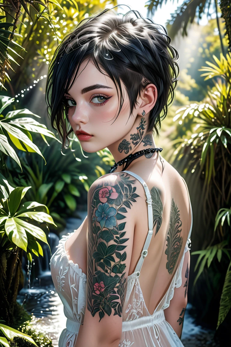 A young English Punk Tattooed plus-size model of rare beauty, Tattooed extremely pinkish white milky skin, short blackest hair with a Mohawk cut, small breasts, distracted green açaí eyes, delicate and long hands. She wears a white blue negligee. She poses backside snubing beautiful ass along a narrow path under trees in the Atlantic Forest, surrounded by beautiful tropical gardens; a fountain with a jet; natural backlighting. 
Color photograph with Canon EOS R6 Mark II Camera, 55 mm, ISO 100,400, 4K. From below view, depth of field, backlightin 