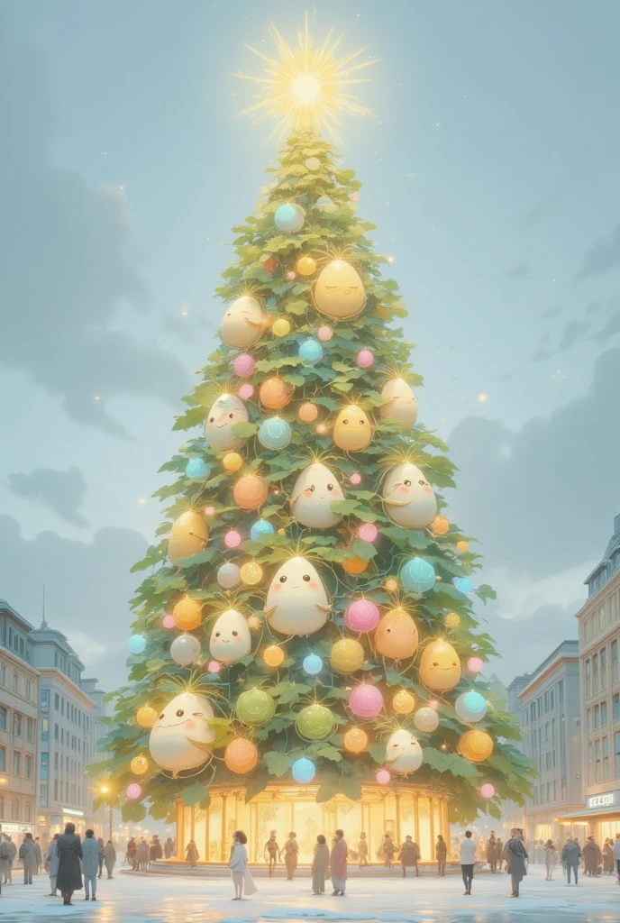 ((UHD, retina, masterpiece, high details, high quality, best quality,  highres icon)),  shining Christmas tree ,  shining gently ,  colorful and cute ornament, Daikon, Daikon, かわいいDaikonオーナメント, 輝くDaikon, Daikon電球, Daikonスター,   city station square 