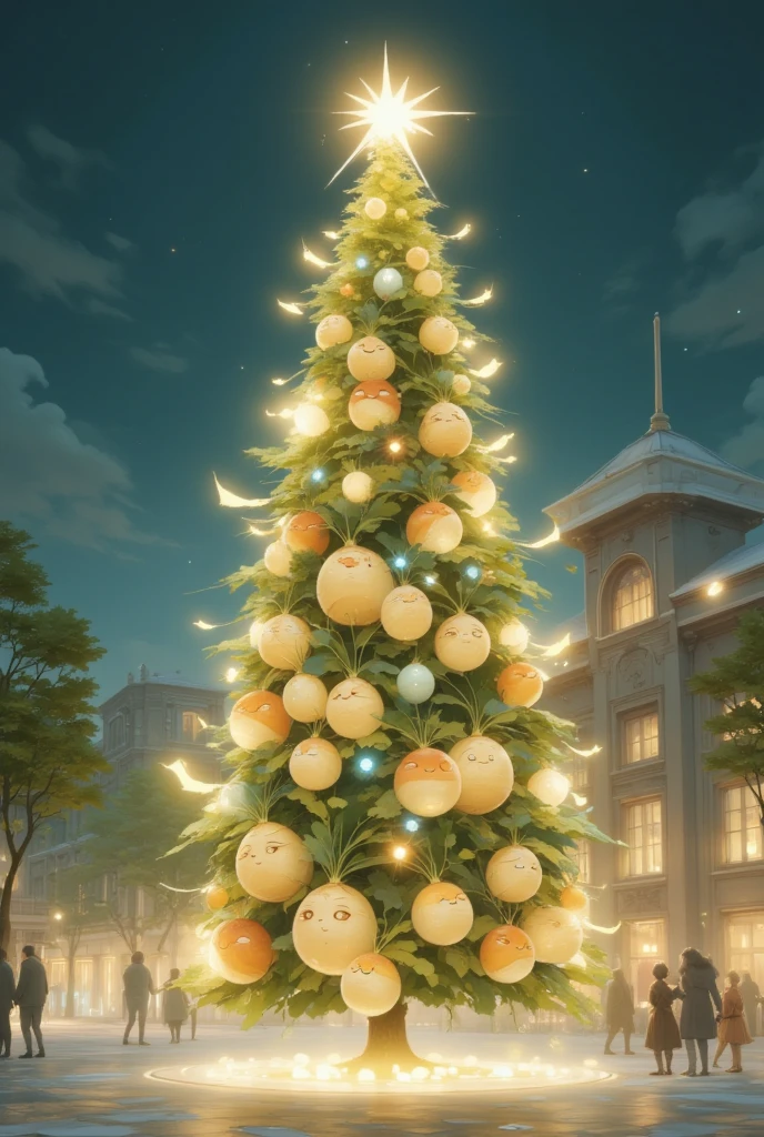 ((UHD, retina, masterpiece, high details, high quality, best quality,  highres icon)),  shining Christmas tree ,  shining gently ,  colorful and cute ornament, Daikon, Daikon, かわいいDaikonオーナメント, 輝くDaikon, Daikon電球, Daikonスター,   city station square 