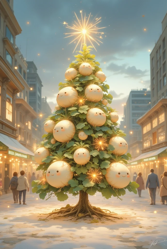 ((UHD, retina, masterpiece, high details, high quality, best quality,  highres icon)),  shining Christmas tree ,  shining gently ,  colorful and cute ornament, Daikon, Daikon, かわいいDaikonオーナメント, 輝くDaikon, Daikon電球, Daikonスター,   city station square 