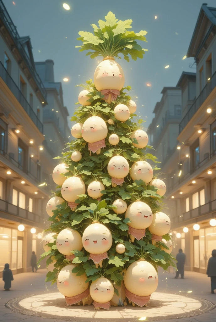 ((UHD, retina, masterpiece, high details, high quality, best quality,  highres icon)),  shining Christmas tree ,  shining gently ,  colorful and cute ornament, Daikon, Daikon, かわいいDaikonオーナメント, 輝くDaikon, Daikon電球, Daikonスター,   city station square 