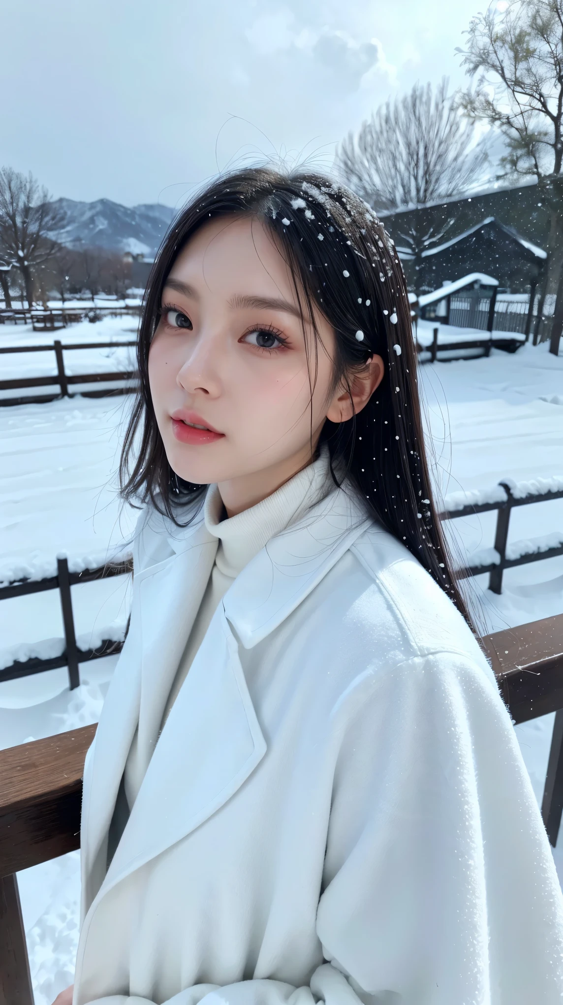 ( top quality、 table top in front of you、8k、 Max Image、 Award-winning works )、Beautiful female idol、(Alone:1.1)、((white high neck and white long coat:1.1))、((夜の都会の交差点で It's snowing softly )) , (( The most beautiful but slightly lonely staring at the sky :1.1))、(Frontal shot from a high angle )、 Completely-valid、 has long eyelashes、Ultra HD Shining Eyes、 ultra HD hair、 super high resolution glossy lips 、  super high resolution perfect teeth  、 beautiful ultra-high definition face 、( accurate :1.1)、( Very bright and beautiful skin :1.2)、(Very bright and vivid:1.2)、( It's snowing softly )