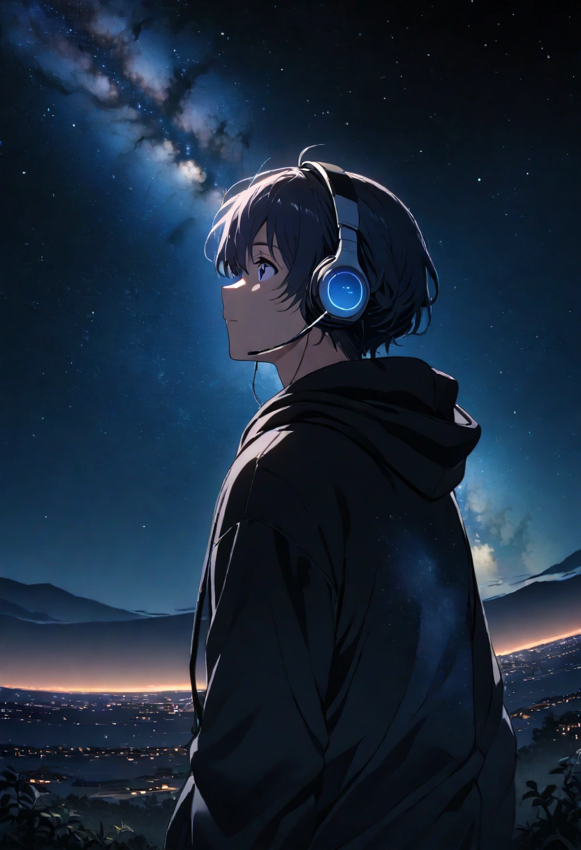 A boy 20 years age wearing black hoodie and headset looking towards the sky and the picture is taken from the back looking up at the sky at night time where the great milky way galaxy is visible in purplish blue color stretching over the horizon. A faraway shot. Cinematic.mobile angle. 4k.anime.