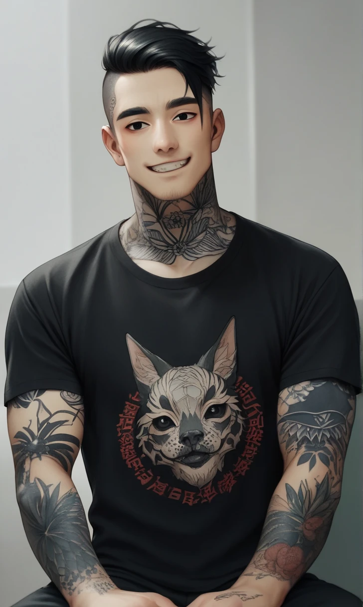 score_9, score_8_up, score_7_up, r1s0, 1boy, Asian boy, gentle smile, black eyes, black t-shirt, whole body tattoo, traditional japanese tattoo, detail face, black hair, charming boy, undercut hairstyle, sitting room background