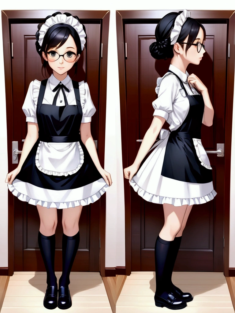 Top quality, high resolution, masterpiece, high resolution, textured skin, realism, detailed face, beautiful and very cute young woman (randomly selected race, hairstyle, hair length, hair color, with or without glasses) wearing shiny black knee-high socks, black strap shoes, black maid apron that goes up to the knees, white blouse with short sleeves and buttons and frills, and headband: 6), (full body), (woman standing and performing one of the following poses randomly, such as putting hands in pockets, placing hands on hips, lifting glasses with fingers (center or edge of glasses) if wearing glasses, clasping hands behind back, placing hands on knees, or other suitable poses: 5.5), (camera angles randomly determined from all angles centered on woman), (locations randomly selected from dining room, indoors, rooftop balcony, bedroom, indoor staircase, living room, indoor hallway, kitchen), (day, night, evening are randomly selected: 5.4), perfect hands, feet and body structure