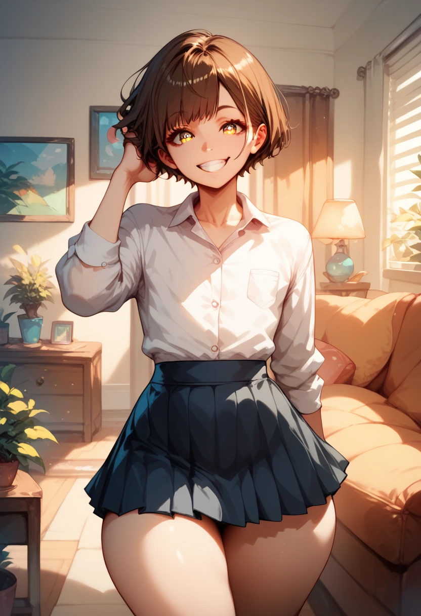 Femboy, short brown hair, big butt, too small skirt, small white shirt, brainwashed, hand next to head, looking at user, living room, wide smile, wide open eyes, front view, glowing yellow eyes, solo