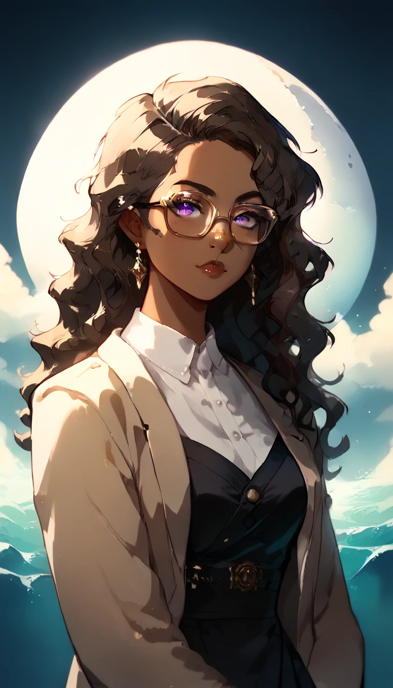 a 19 year old woman, Brown skin/king, Long wavy hair, with soft wave tips ,  dark brown hair and a tuft of green tips , light purple eyes,  long lashes,  small freckles on her nose and cheeks .  She wears black-rimmed glasses and is wearing a long black and white dress,  along with a beige overcoat .