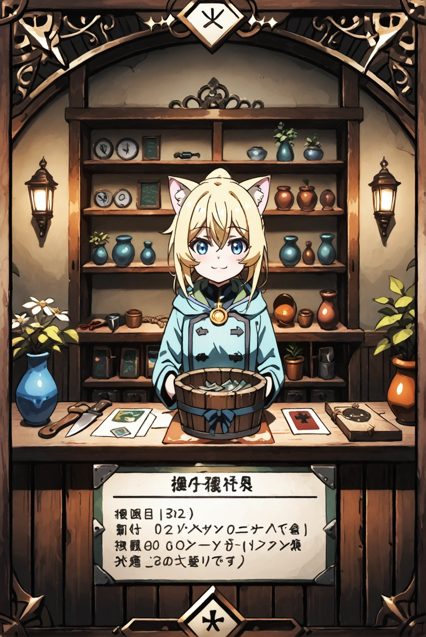  one girl,My cat ears,kawaii,cute,fantasy clothes, little smile ,break,( Fancy Tool Store :1.3),وضعية cuteة, Collection of medicinal herbs,pottedion, Devices , Corridors , shelves , Tools Section , Devices  section,Rate, Plants ,  Fanous , Wooden Bucket , Manuscripts ,blackboard,vase, potted,جِرّ,knife,paper, Card Price ,  Ticket , rope ,attached, Visual Anime ,Art board,Best quality,highly detailed,8K Image,unity 8k wallpaper, Very accurate illustration 