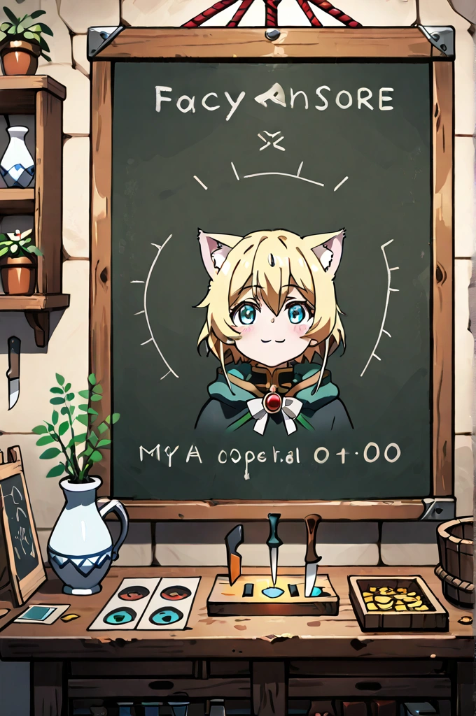  one girl,My cat ears,kawaii,cute,fantasy clothes, little smile ,break,( Fancy Tool Store :1.3),وضعية cuteة, Collection of medicinal herbs,pottedion, Devices , Corridors , shelves , Tools Section , Devices  section,Rate, Plants ,  Fanous , Wooden Bucket , Manuscripts ,blackboard,vase, potted,جِرّ,knife,paper, Card Price ,  Ticket , rope ,attached, Visual Anime ,Art board,Best quality,highly detailed,8K Image,unity 8k wallpaper, Very accurate illustration 