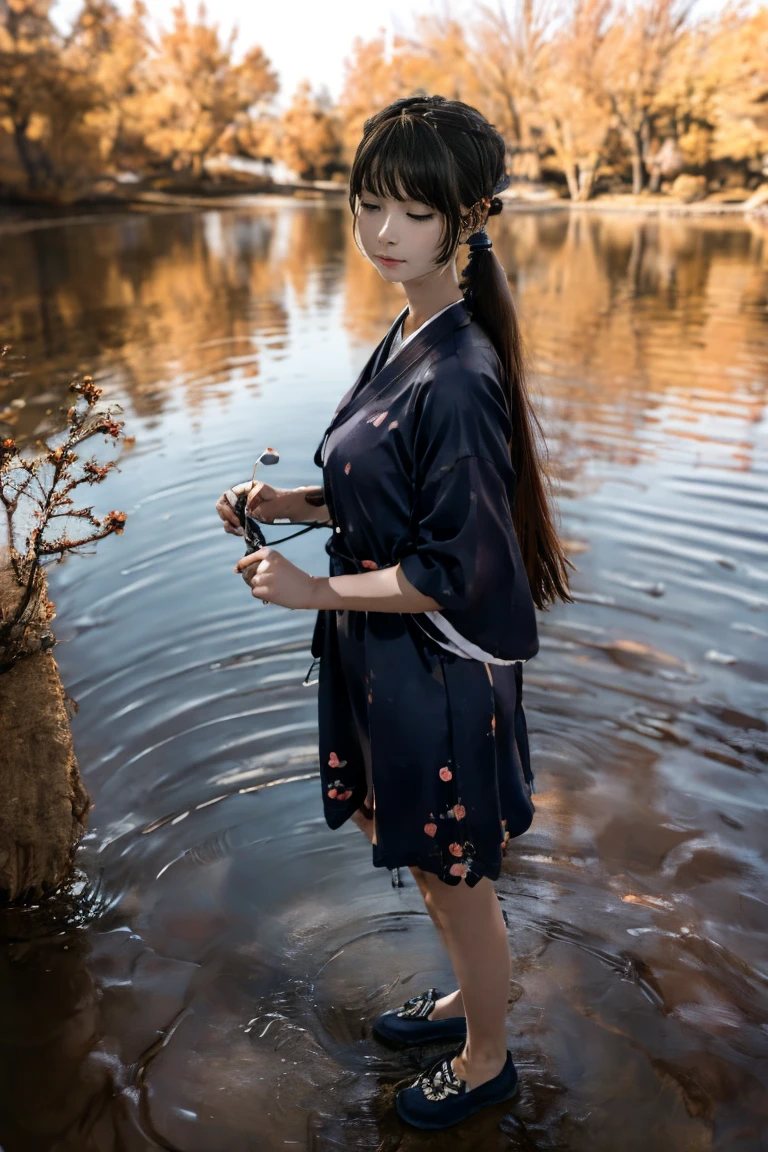 Boyish Japanese woman singing the high-pitched part of the song with her eyes closed。One person。 standing facing the front。with the lake、Blue ink painting style background with a few trees 。