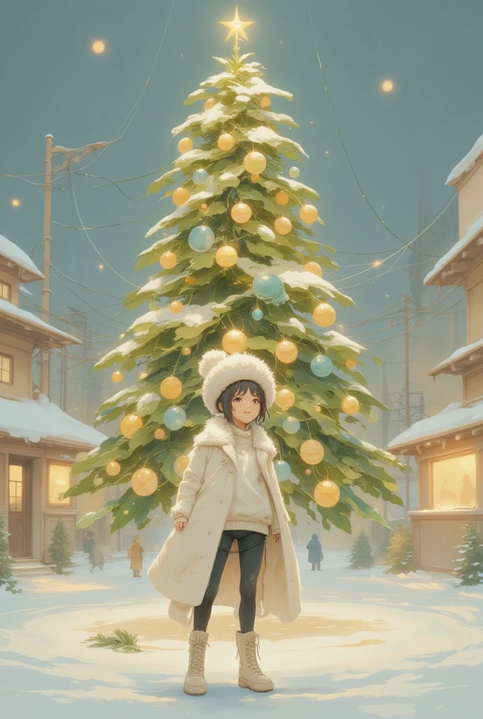 ((UHD, retina, masterpiece, high details, high quality, best quality,  highres icon)),  shining Christmas tree ,  shining gently ,  colorful and cute ornament, Daikon, Daikon, かわいいDaikonオーナメント, 輝くDaikon, Daikon電球, Daikonスター,  (1girl who is happy in front of the tree , White coat,  wear a fluffy and warm seta , black tights,  lace-up boots,  yarn hat),  city station square , sweet winter paradise, story of joy