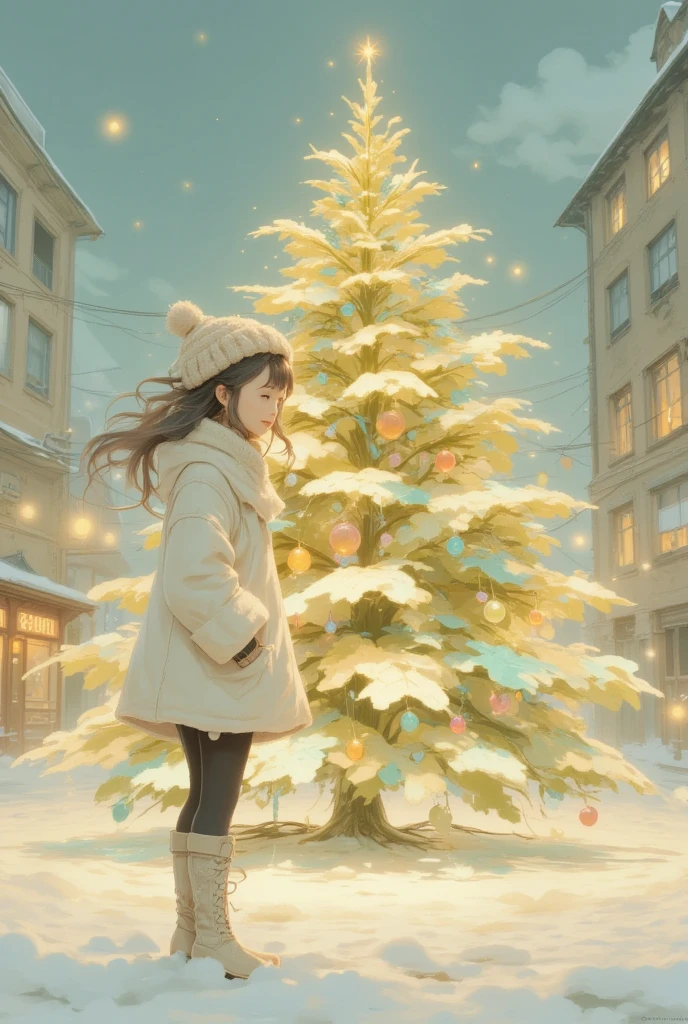 ((UHD, retina, masterpiece, high details, high quality, best quality,  highres icon)),  shining Christmas tree ,  shining gently ,  colorful and cute ornament, Daikon, Daikon, かわいいDaikonオーナメント, 輝くDaikon, Daikon電球, Daikonスター,  (1girl who is happy in front of the tree , White coat,  wear a fluffy and warm seta , black tights,  lace-up boots,  yarn hat),  city station square , sweet winter paradise, story of joy