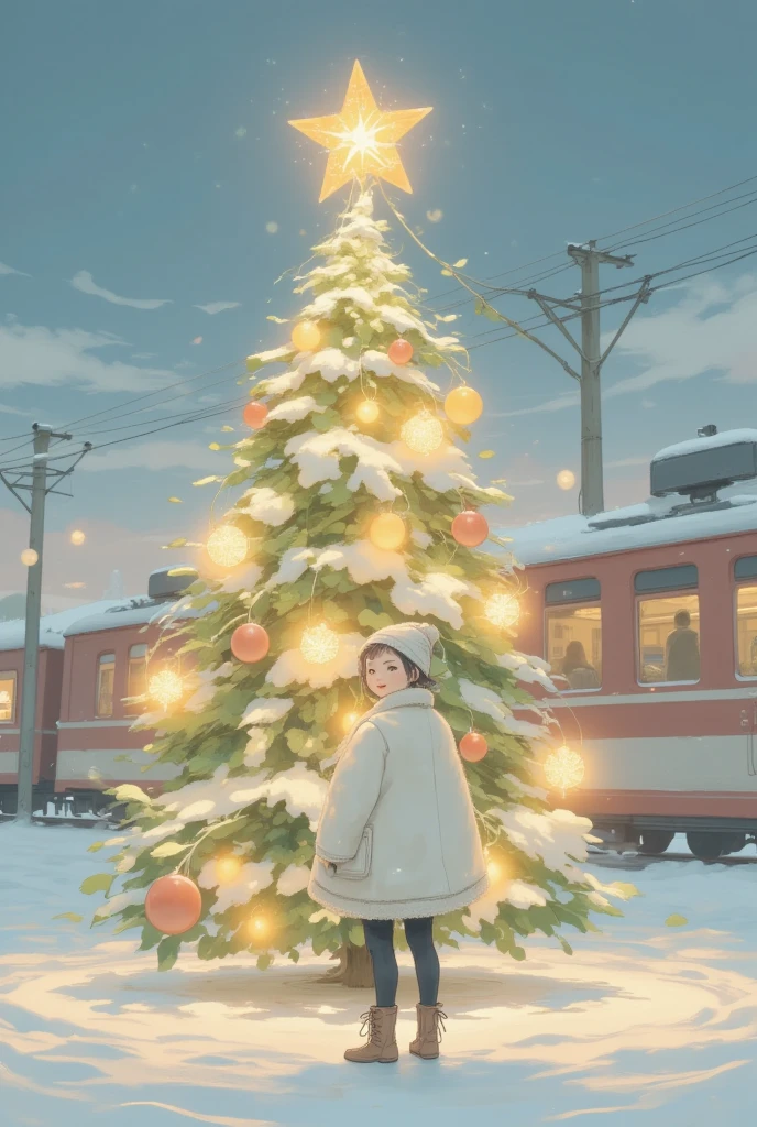 ((UHD, retina, masterpiece, high details, high quality, best quality,  highres icon)),  shining Christmas tree ,  shining gently ,  colorful and cute ornament, Daikon, Daikon, かわいいDaikonオーナメント, 輝くDaikon, Daikon電球, Daikonスター,  (1girl who is happy in front of the tree , White coat,  wear a fluffy and warm seta , black tights,  lace-up boots,  yarn hat),  city station square , sweet winter paradise, story of joy