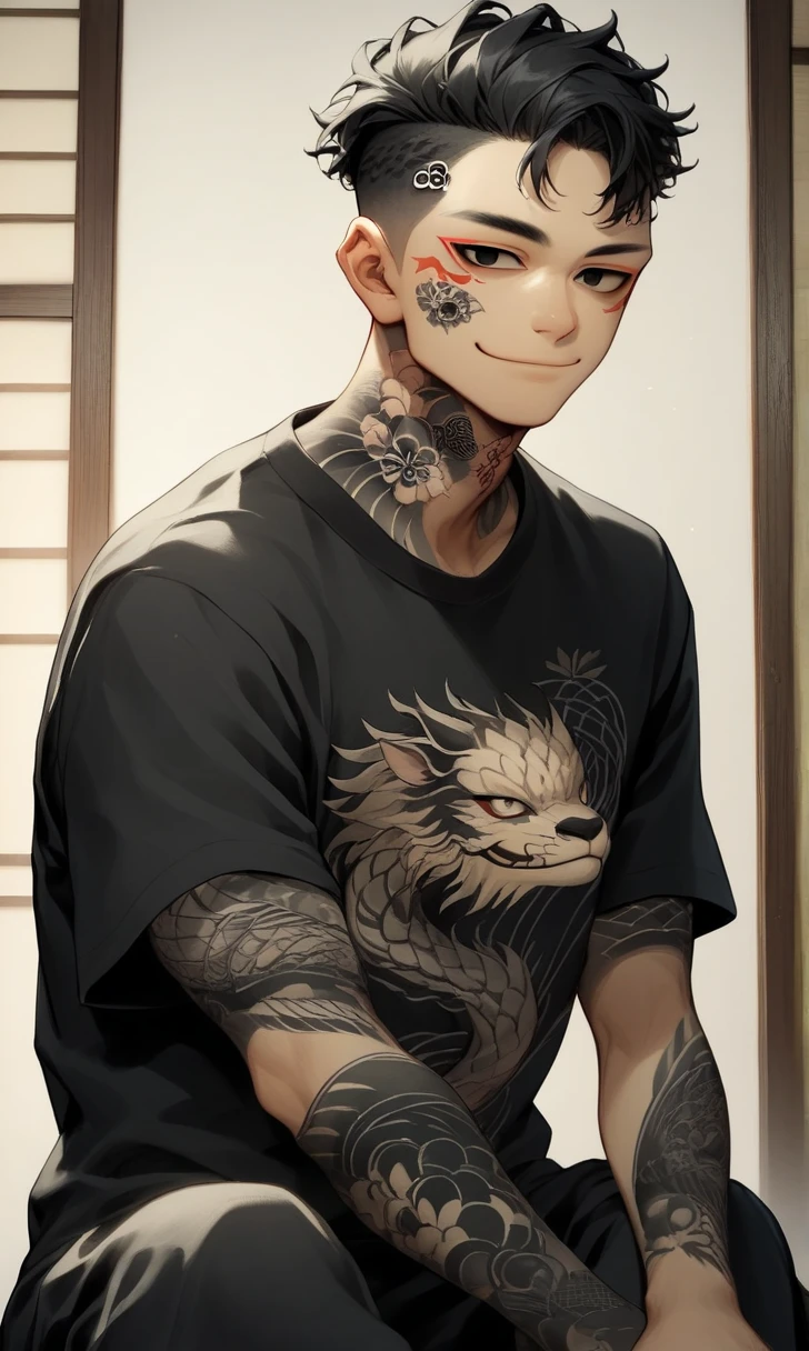 score_9, score_8_up, score_7_up, r1s0, 1boy, Asian boy, gentle smile, black eyes, black t-shirt, whole body tattoo, traditional japanese tattoo, detail face, black hair, charming boy, undercut hairstyle, sitting room background