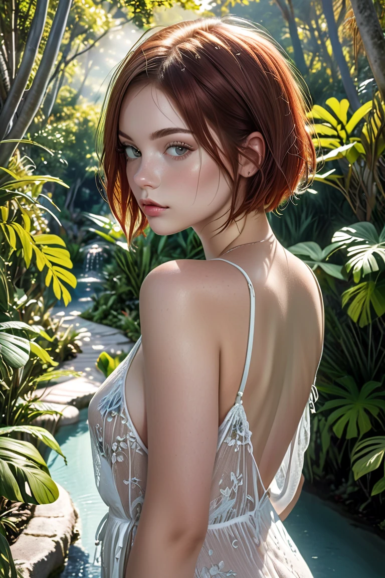 A young plus-size Caucasian  model of rare beauty, lightly tanned white skin, short red hair with a bob cut, small breasts, distracted gray green eyes, delicate and long hands. She wears a white blue negligee. She poses backside snubing beautiful ass along a narrow path under trees in the Atlantic Forest, surrounded by beautiful tropical gardens; a fountain with a jet; natural backlighting. 
Color photograph with Canon EOS R6 Mark II Camera, 55 mm, ISO 100,400, 4K. From below view, depth of field, backlightin 