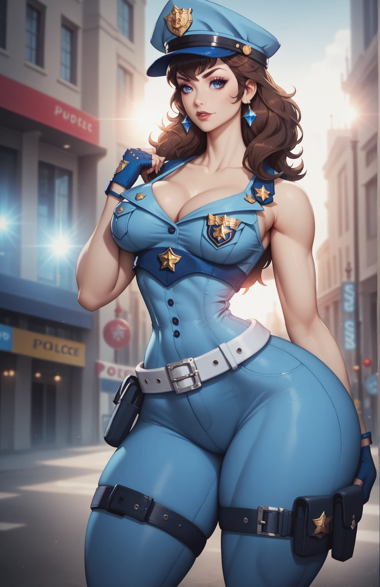 (date:20241211, By:Joulios) tetas grandes,uniforme de police, Chemise bleu clair, blue pants, chest pocket, best quality, head of&#39;artwork,blue cap,black belt,Policewoman,jp-police,brown-hair, (masterpiece, best quality, ultra-detailed, illustration, epic lighting, cinematic composition)((super breast, huge hips, huge thighs, slender waist))