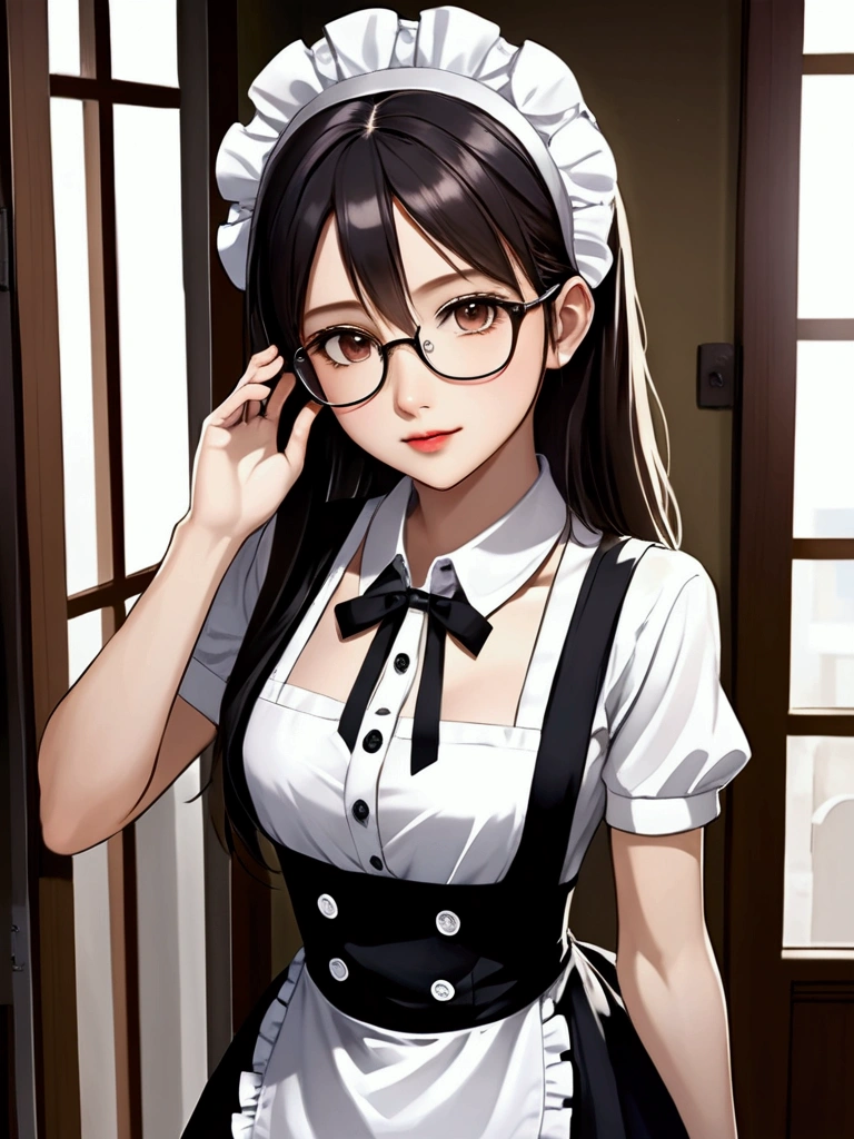 Top quality, high resolution, masterpiece, high resolution, textured skin, realism, detailed face, beautiful and very cute young woman (randomly selected race, hairstyle, hair length, hair color, with or without glasses) wearing shiny black knee-high socks, black strap shoes, black maid apron that goes up to the knees, white blouse with short sleeves and buttons and frills, and headband: 6), (full body), (woman standing and performing one of the following poses randomly, such as putting hands in pockets, placing hands on hips, lifting glasses with fingers (center or edge of glasses) if wearing glasses, clasping hands behind back, placing hands on knees, or other suitable poses: 5.5), (camera angles randomly determined from all angles centered on woman), (locations randomly selected from dining room, indoors, rooftop balcony, bedroom, indoor staircase, living room, indoor hallway, kitchen), (day, night, evening are randomly selected: 5.4), perfect hands, feet and body structure