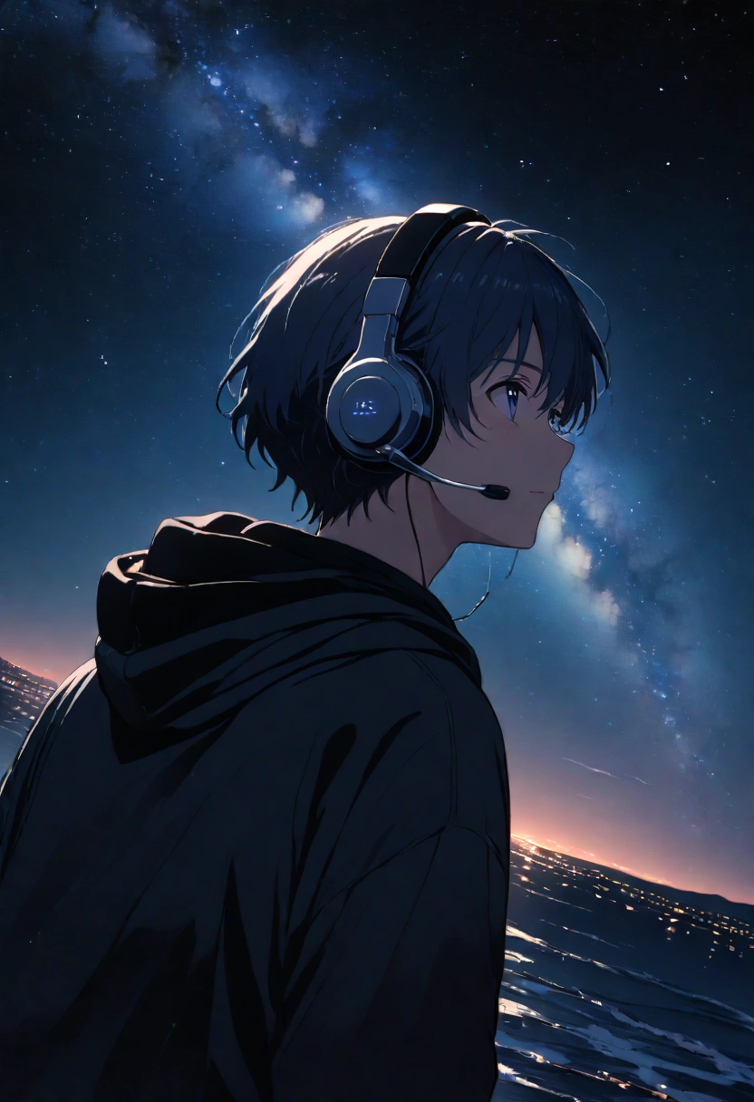 A boy 20 years age wearing black hoodie and headset looking towards the sky and the picture is taken from the back looking up at the sky at night time where the great milky way galaxy is visible in purplish blue color stretching over the horizon. A faraway shot. Cinematic.mobile angle. 4k.anime.