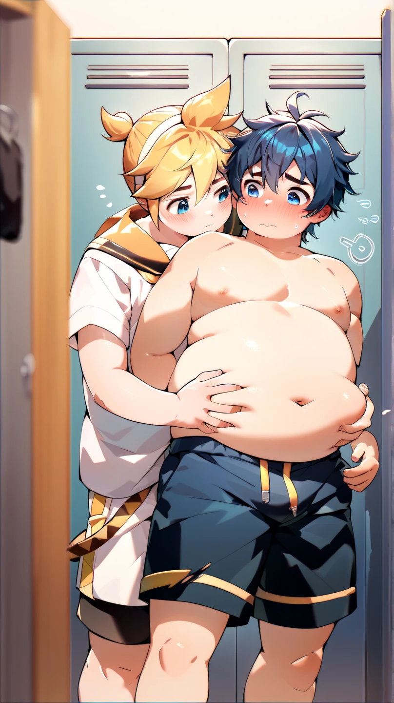  2boys, (yaoi couple), (male ren), (duo focus), fat, standing in the changing room, rubbing each other's belly, facing another, Break, Kagamine Len, obese, cute, shirtless, chubby body, face blushed, embarrassed, Break, blue hair color, school uniform, round cheek, chubby belly button exposed