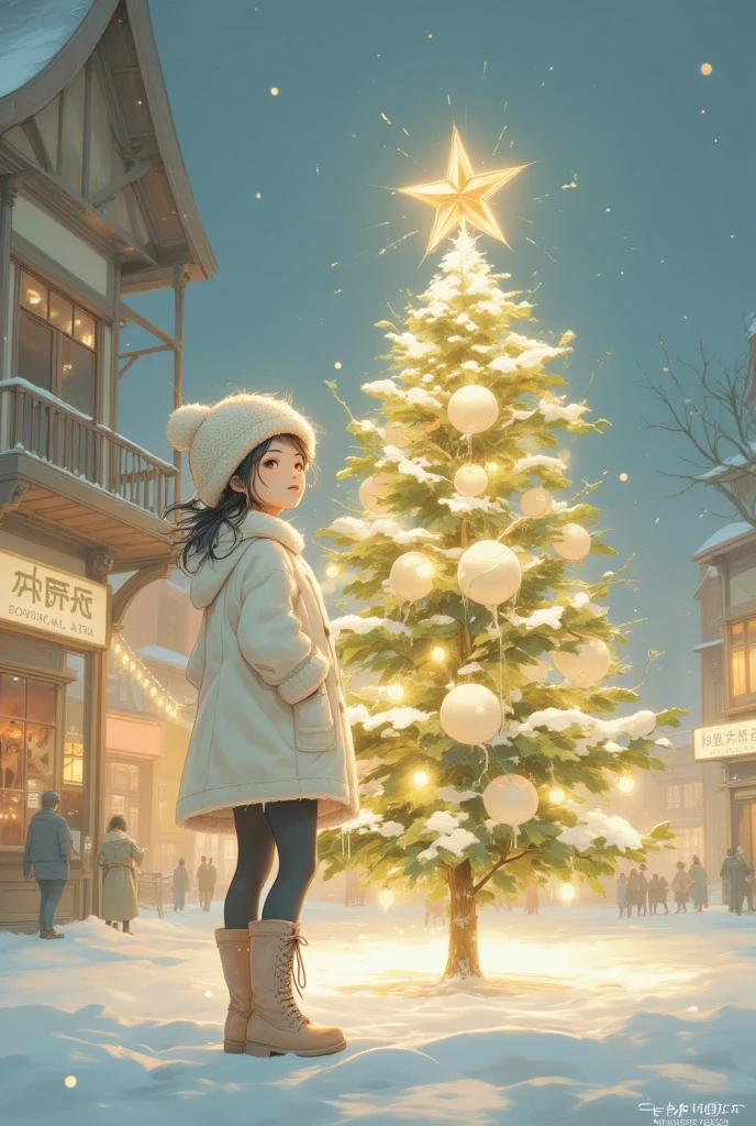 ((UHD, retina, masterpiece, high details, high quality, best quality,  highres icon)),  shining Christmas tree ,  shining gently ,  colorful and cute ornament, Daikon, Daikon, かわいいDaikonオーナメント, 輝くDaikon, Daikon電球, Daikonスター, (1girl who is happy in front of the tree , White coat,  wear a fluffy and warm seta , black tights,  lace-up boots,  yarn hat,  White Breathing Soars Up ),  city station square ,  Streetscapes with Neon Makeup ,  Shadows Coming and Going Shadows Snuggle Up, Scenery of Happiness , sweet winter paradise, story of joy