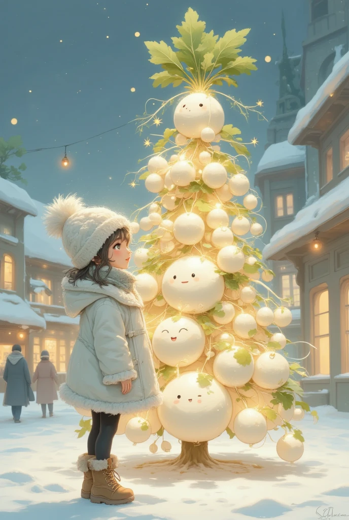 ((UHD, retina, masterpiece, high details, high quality, best quality,  highres icon)),  shining Christmas tree ,  shining gently ,  colorful and cute ornament, Daikon, Daikon, かわいいDaikonオーナメント, 輝くDaikon, Daikon電球, Daikonスター, (1girl who is happy in front of the tree , White coat,  wear a fluffy and warm seta , black tights,  lace-up boots,  yarn hat,  White Breathing Soars Up ),  city station square ,  Streetscapes with Neon Makeup ,  Shadows Coming and Going Shadows Snuggle Up, Scenery of Happiness , sweet winter paradise, story of joy