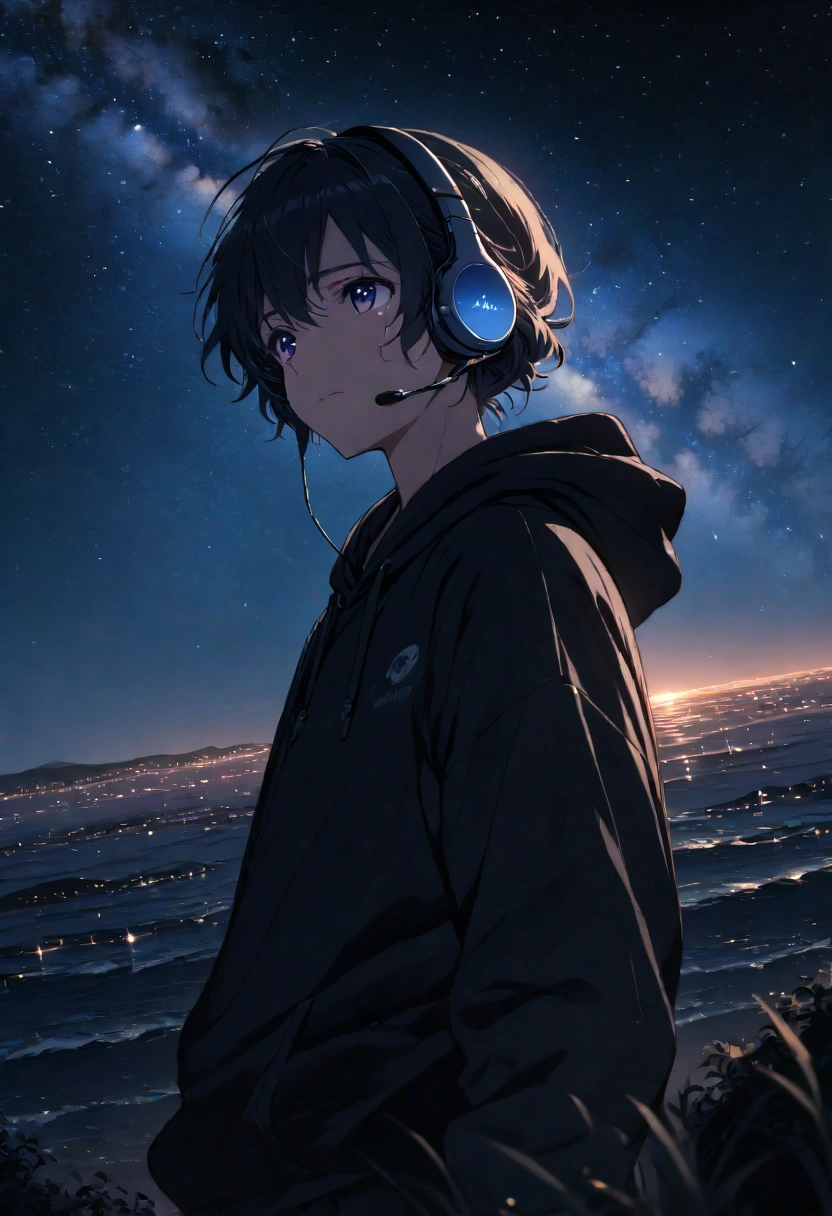 A boy 20 years age wearing black hoodie and headset looking towards the sky and the picture is taken from the crying at the sky at night time where the great milky way galaxy is visible in purplish blue color stretching over the horizon. A faraway shot. Cinematic.mobile angle. 4k.anime.